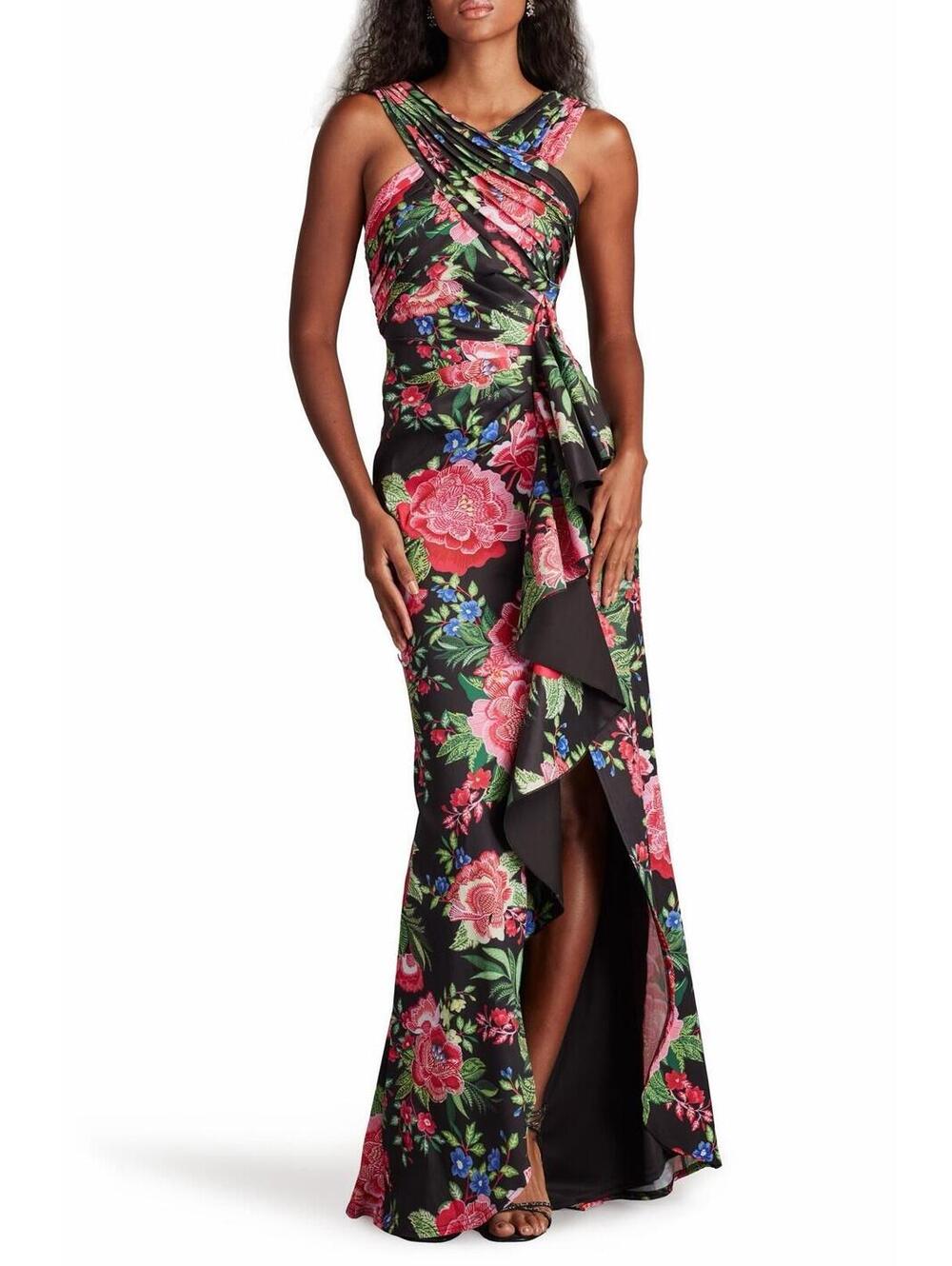 NWT Tadashi Shoji Twist Front Pleated Mermaid Gown in Black Fuchsia Floral Sz S